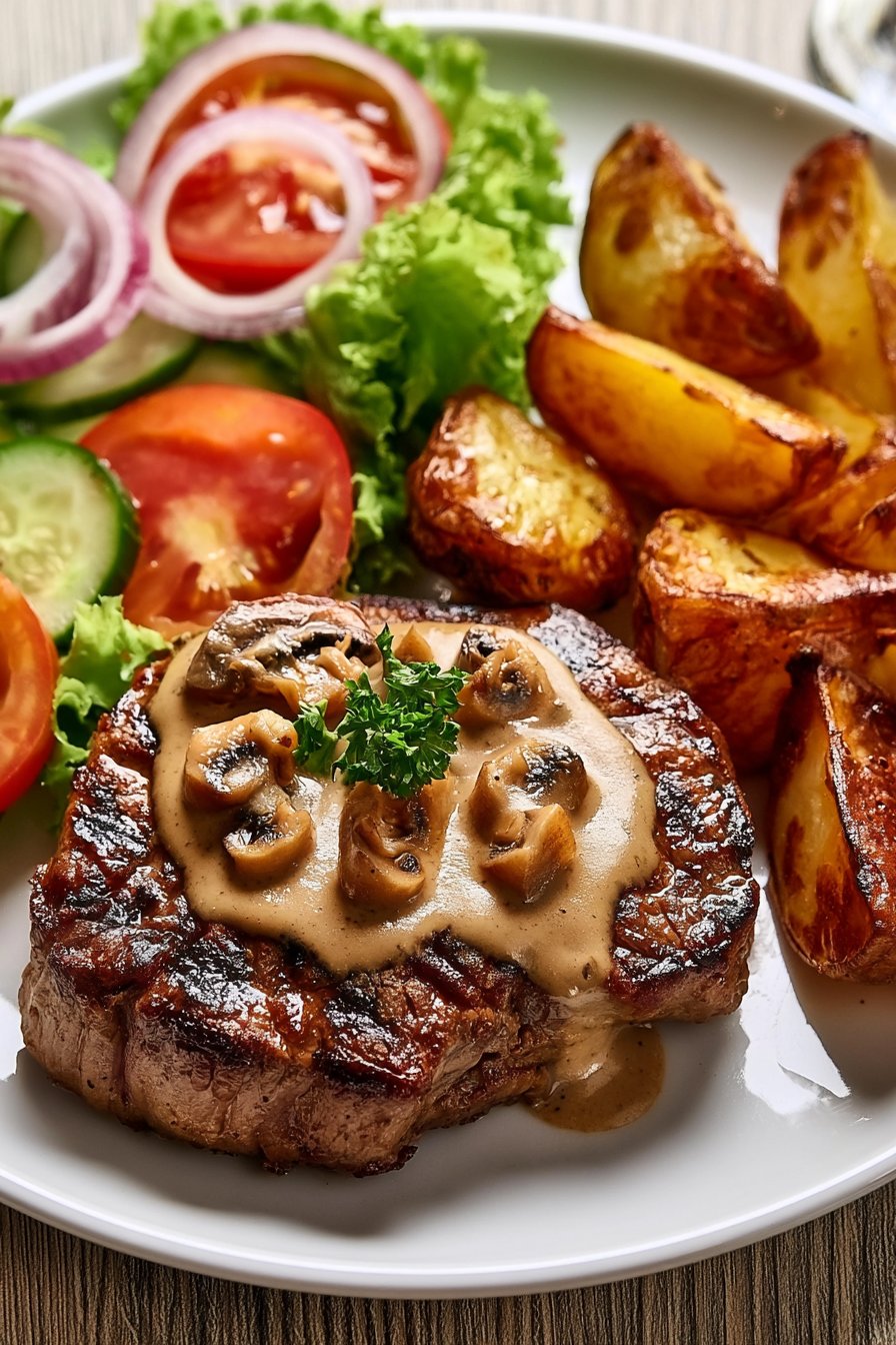 Creamy Mushroom Steak with Golden Potato Wedges & Fresh Garden Salad 26 Creamy Mushroom Steak with Golden Potato Wedges & Fresh Garden Salad