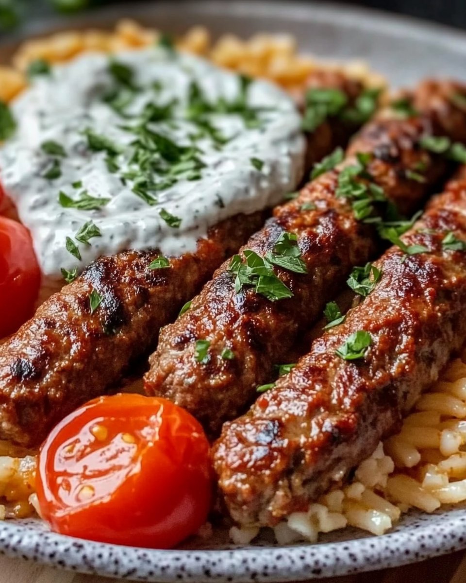 Vegane Cevapcici mit Tomaten-Kritharaki und Tzatziki