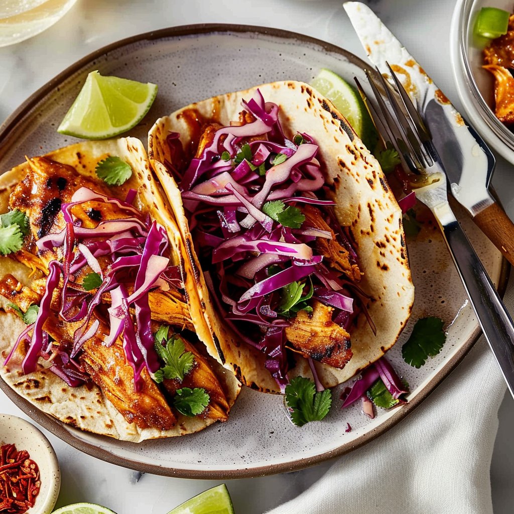 BBQ Chicken Tacos with Red Cabbage Slaw