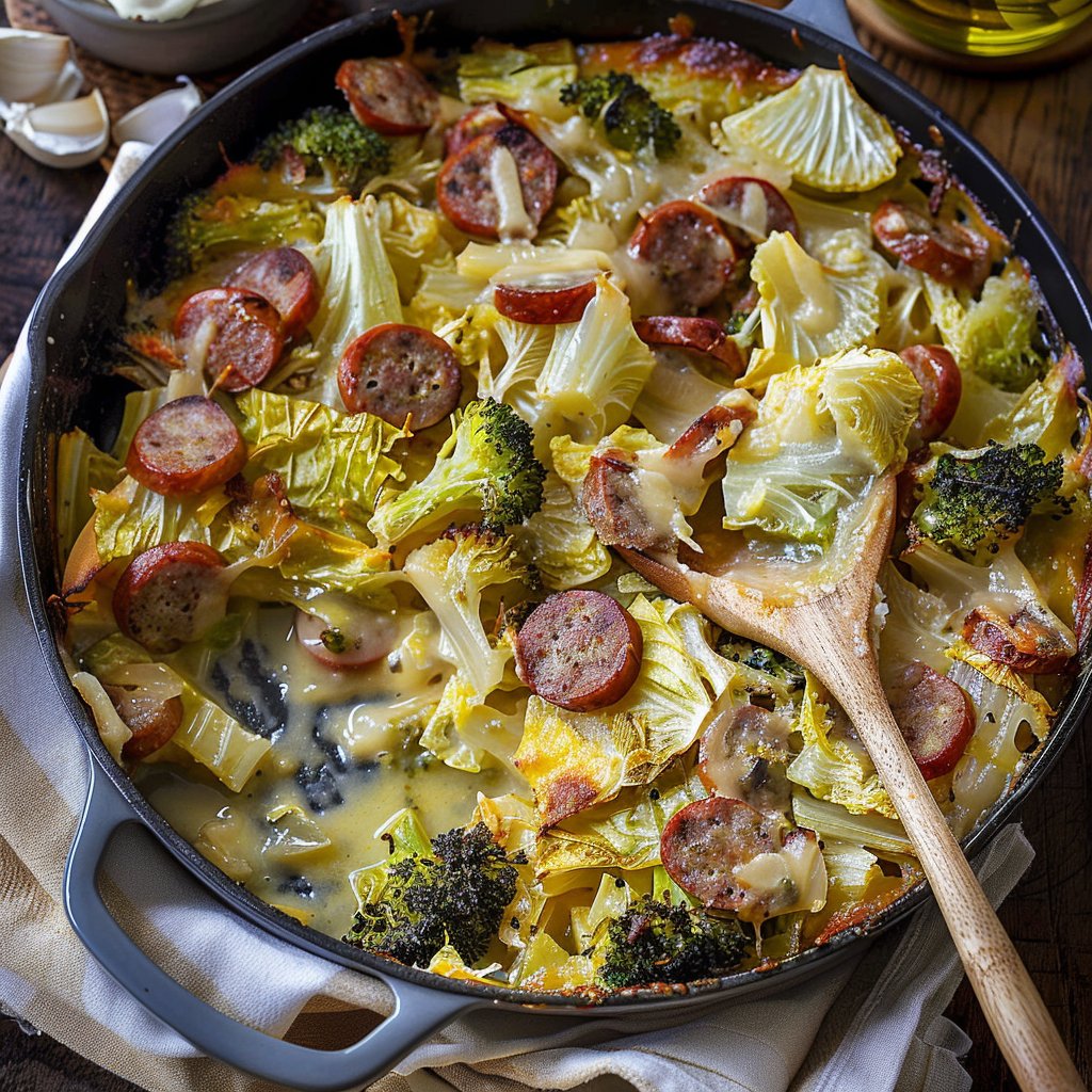 Cheesy Sausage Cabbage and Broccoli Bake
