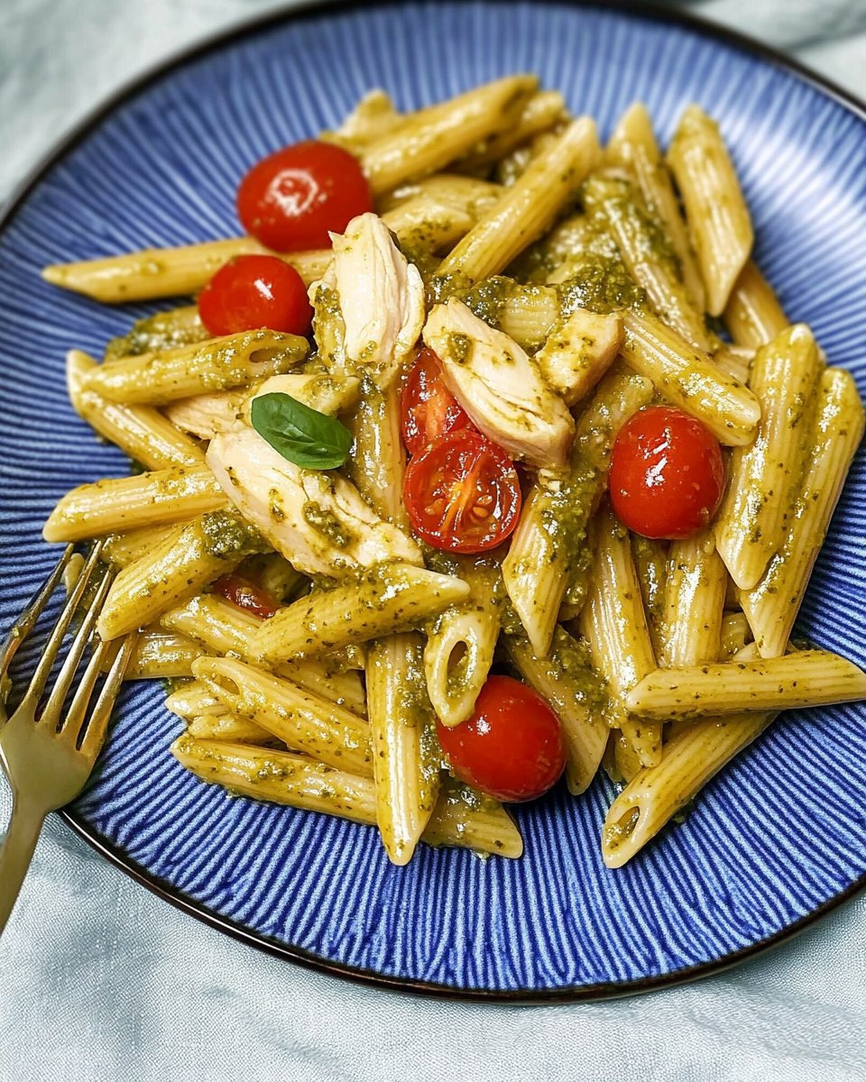 Penne z zielonym pesto, kurczakiem i pomidorkami