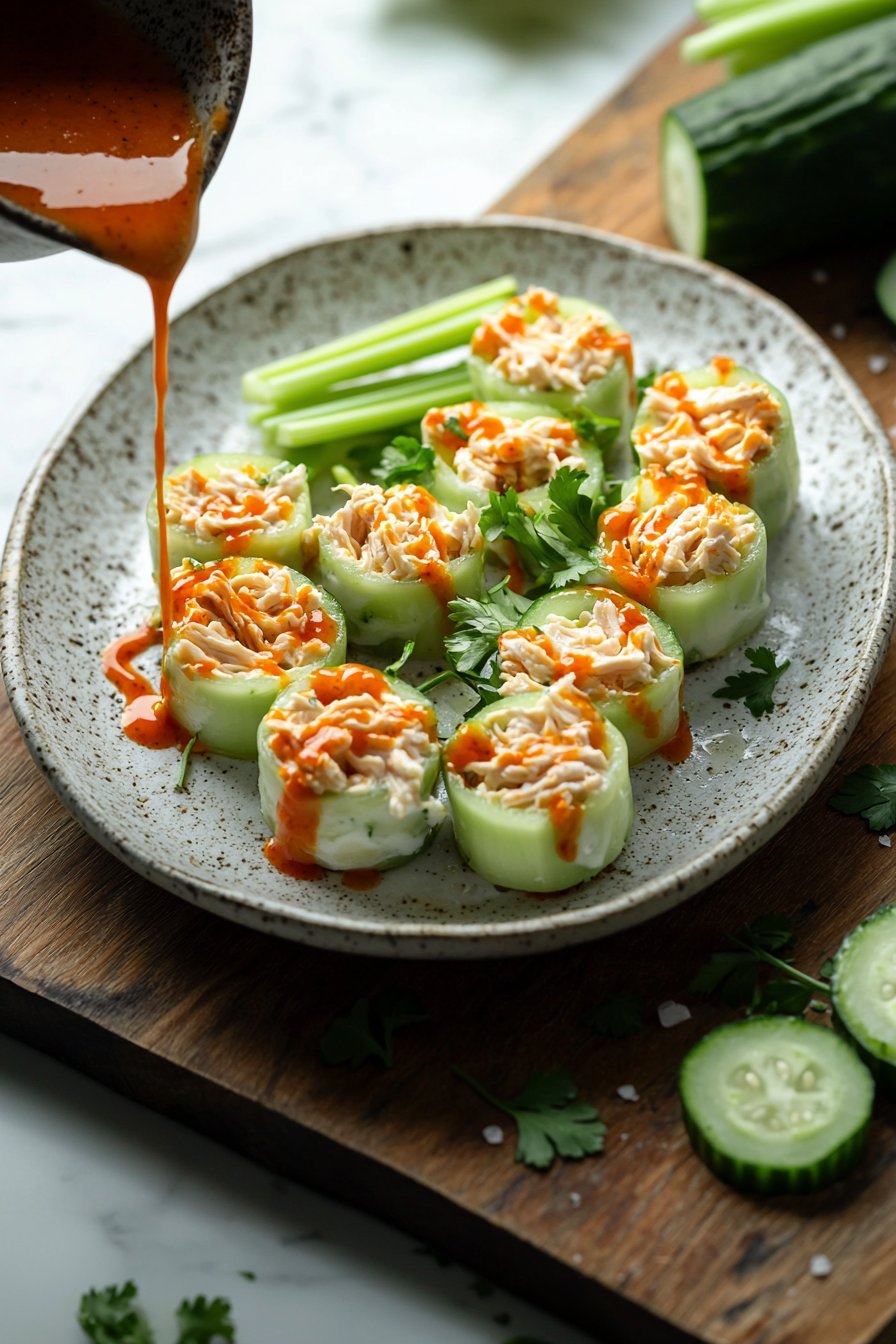 Healthy Buffalo Chicken Cucumber Rolls
