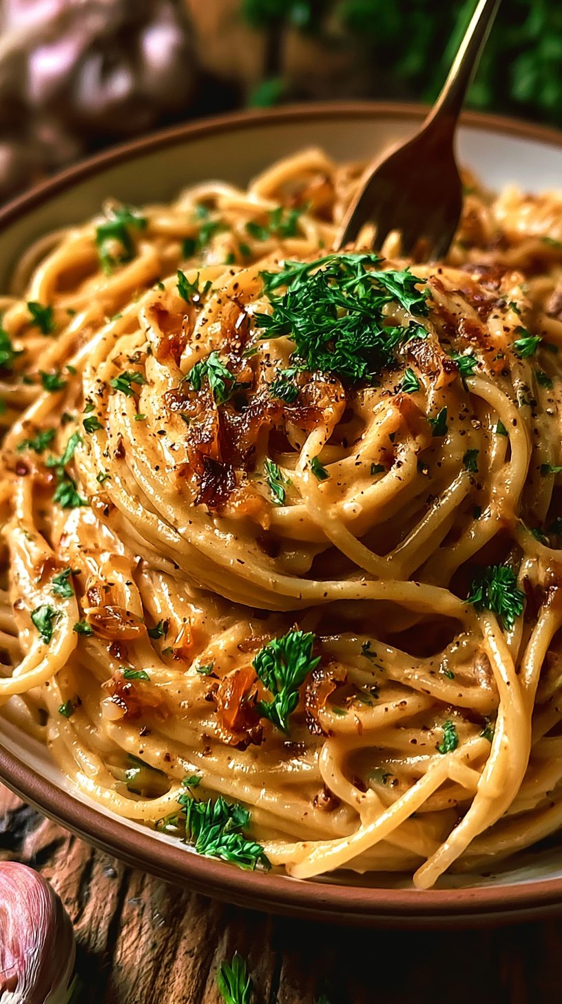 Cremige vegane karamellisierte Zwiebel-Pasta