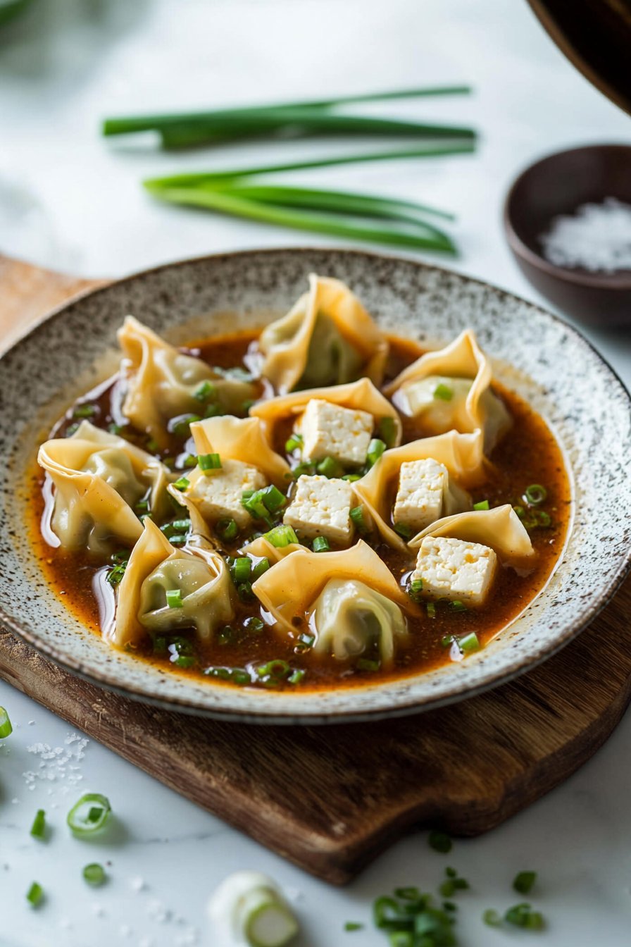 Vegan Tofu and Chive Wontons in Chili Broth