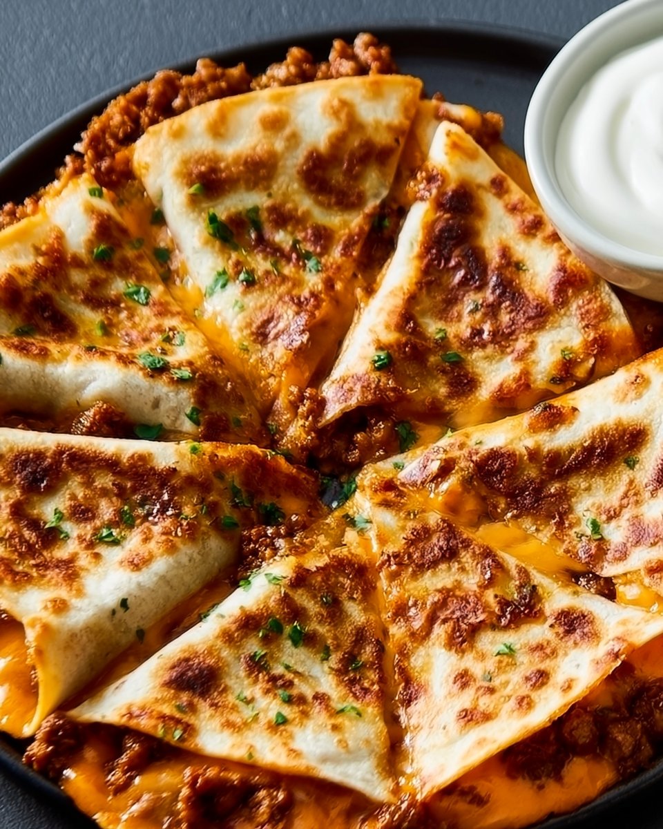 Ground Beef Quesadillas with a Crispy Golden-Brown Crust