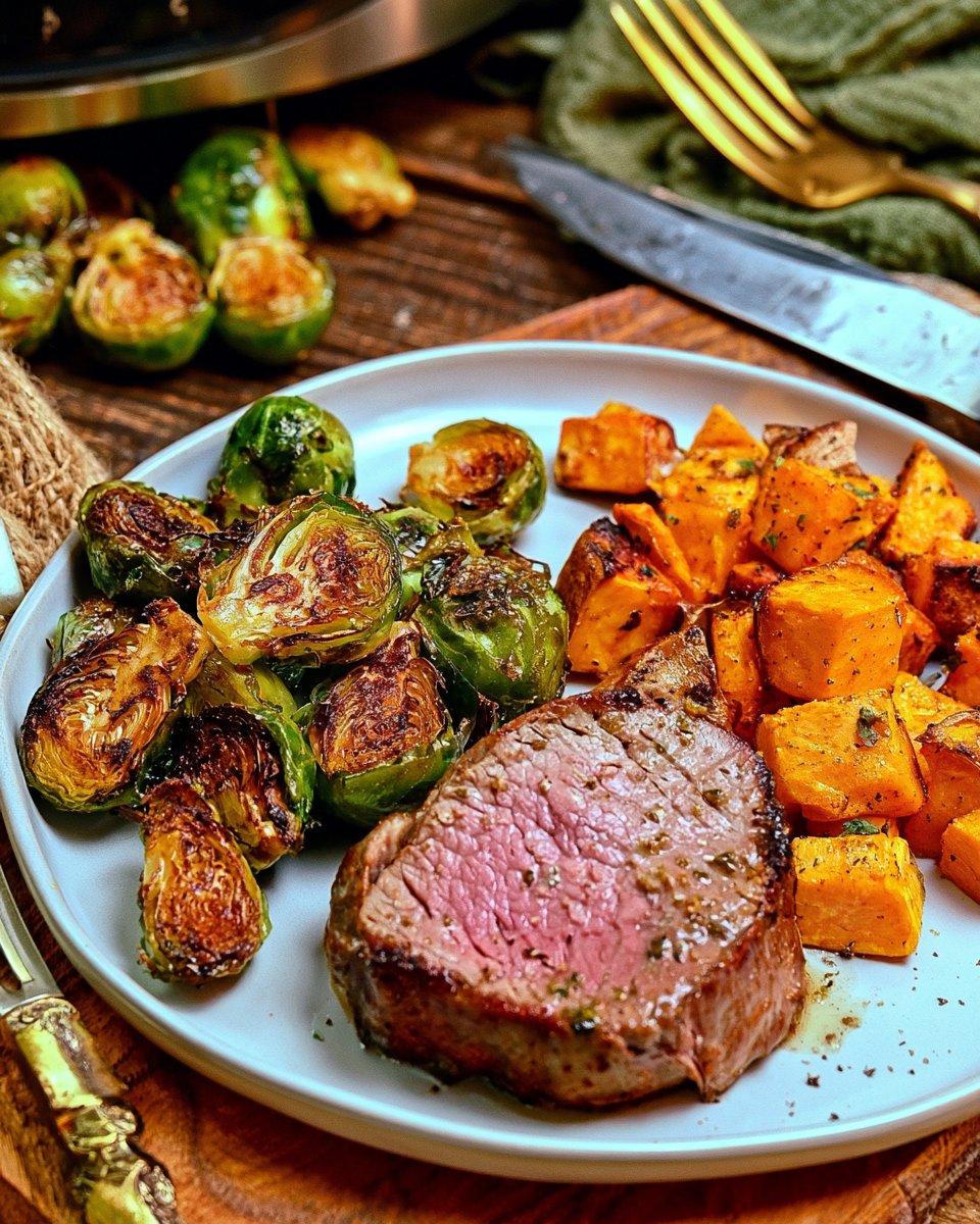 Air Fryer Filet Mignon with Brussels Sprouts and Sweet Potato