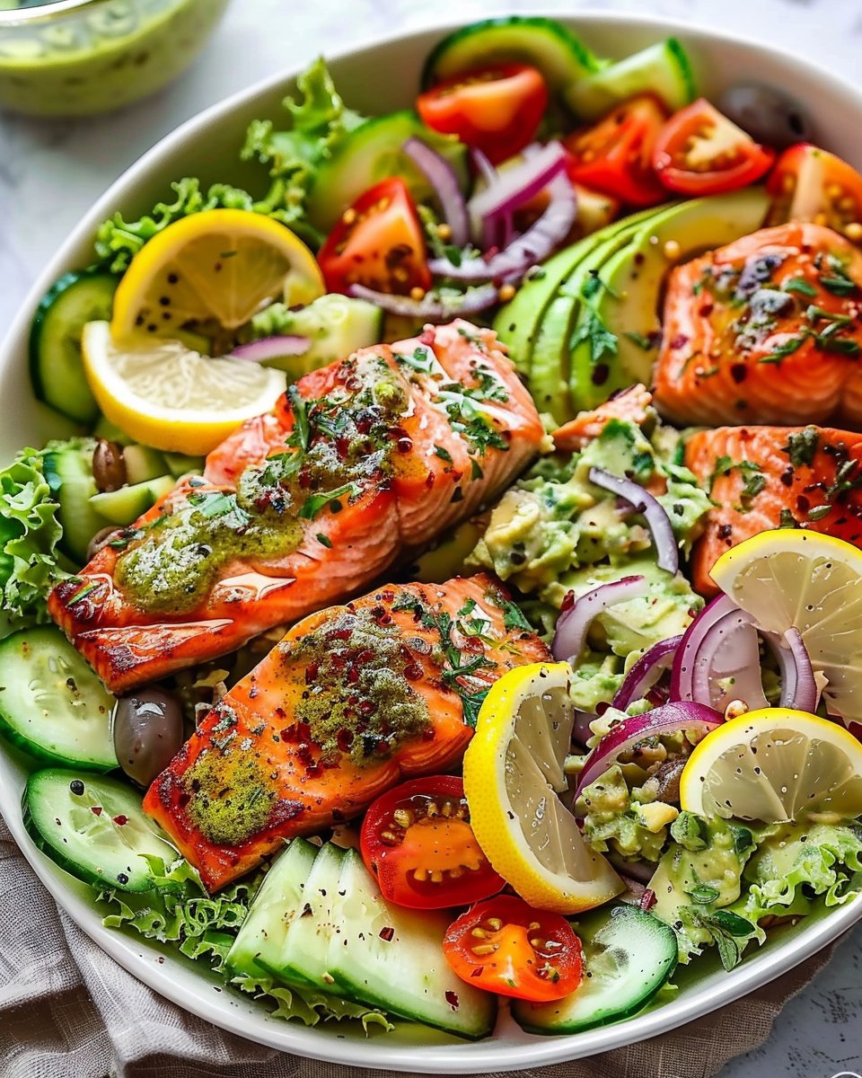 Mediterranean Avocado Salmon Salad with Lemon Herb Dressing | Mediterranean salmon salad, Salmon and greek salad, A salad