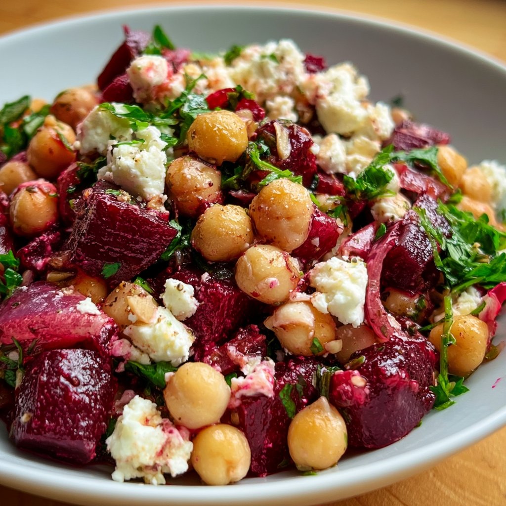 Kichererbsen-Rote Bete-Feta-Salat mit Zitrone-Knoblauch-Vinaigrette