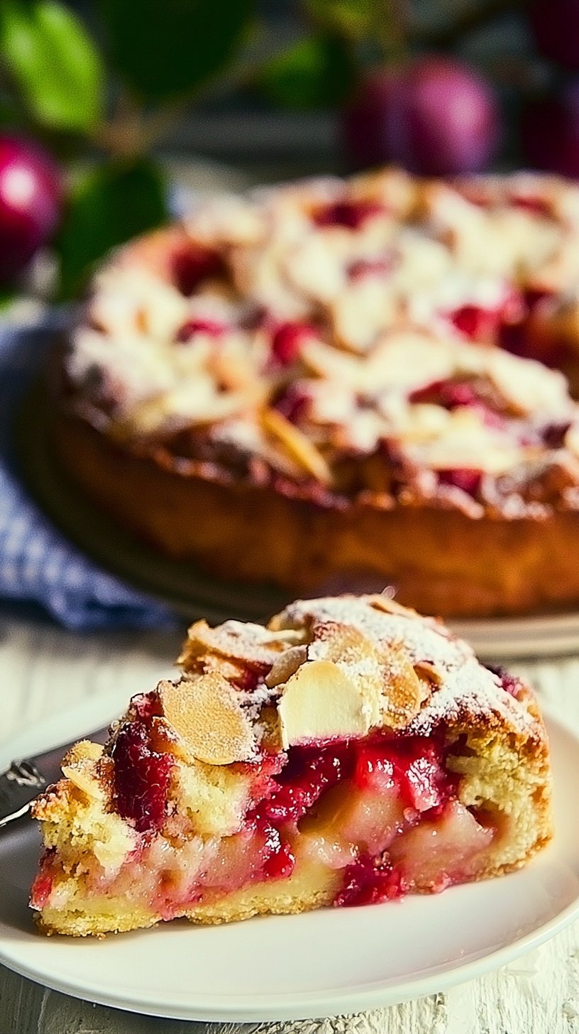 Zwetschgenkuchen mit Pudding, Mürbteig und Mandelkruste