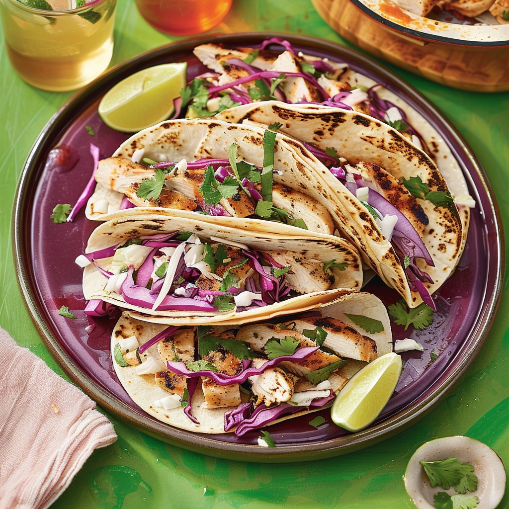 Chicken Street Tacos with Red Cabbage Slaw and Lime-Pickled Onions