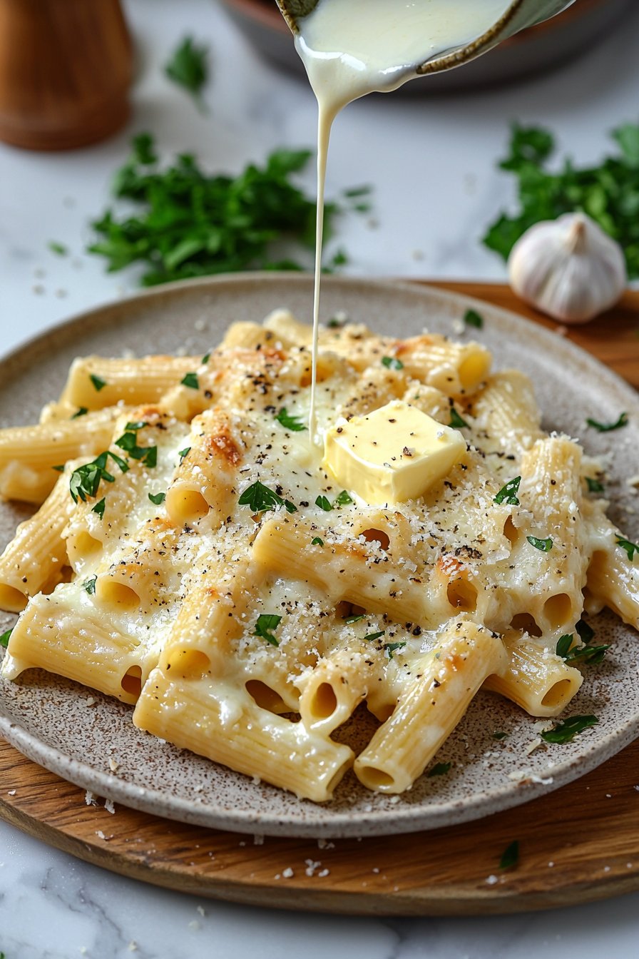 Knoblauch Parmesan Nudelauflauf