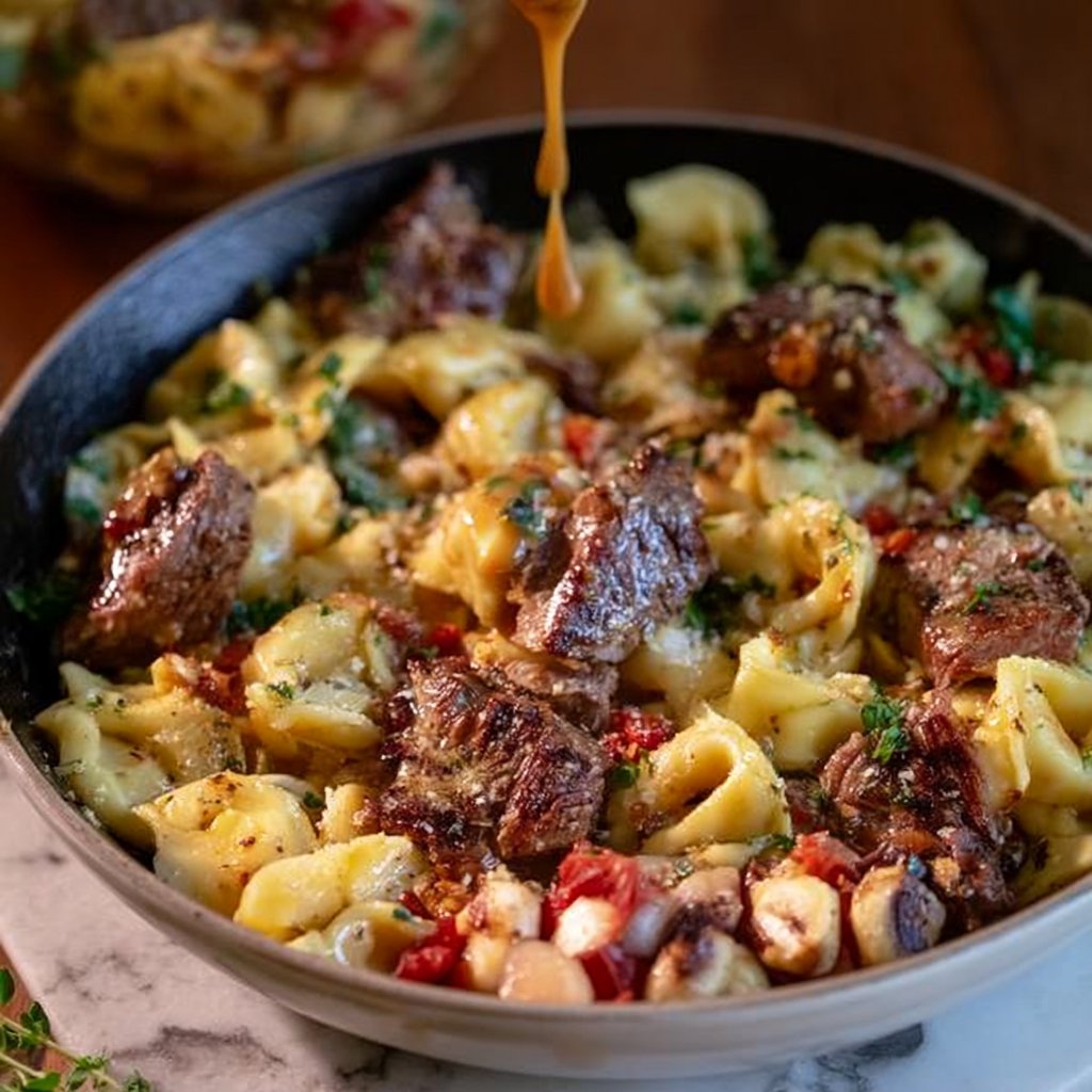 One Pot Garlic Parmesan Steak and Tortellini Skillet