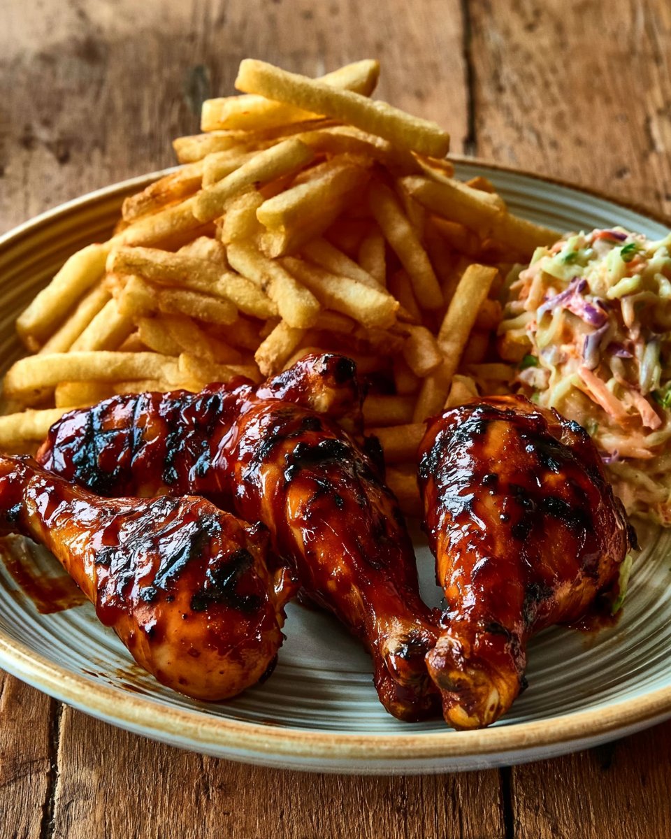 Sticky BBQ Chicken with Crispy Fries & Fresh Slaw
