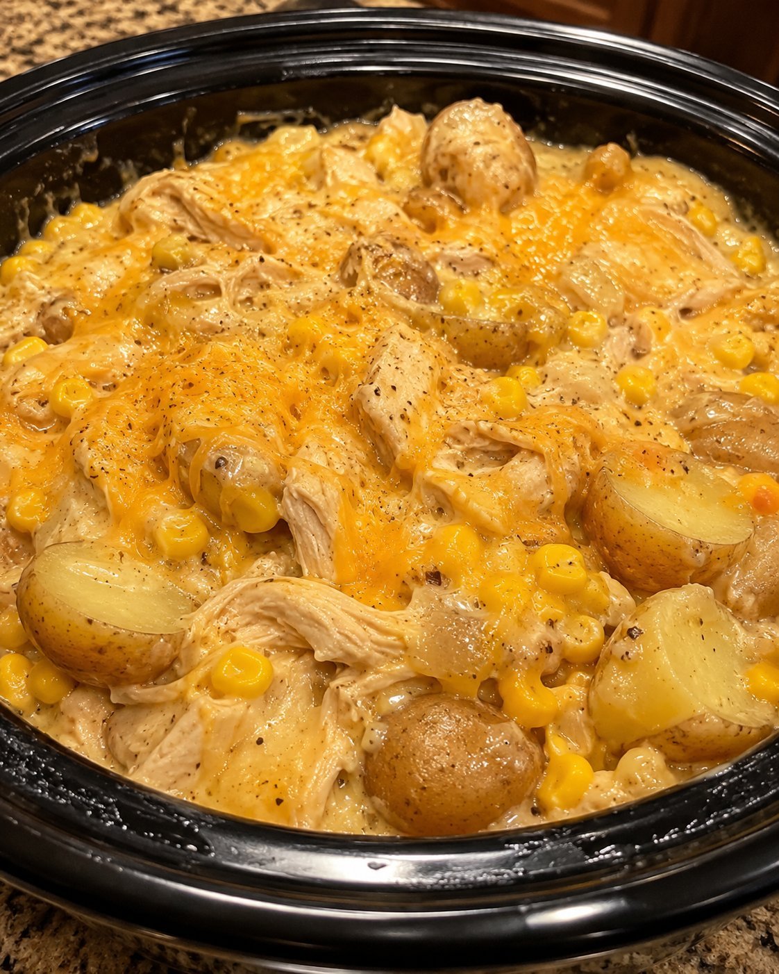 Crockpot Creamy Cheddar Chicken, Corn, and Baby Potatoes