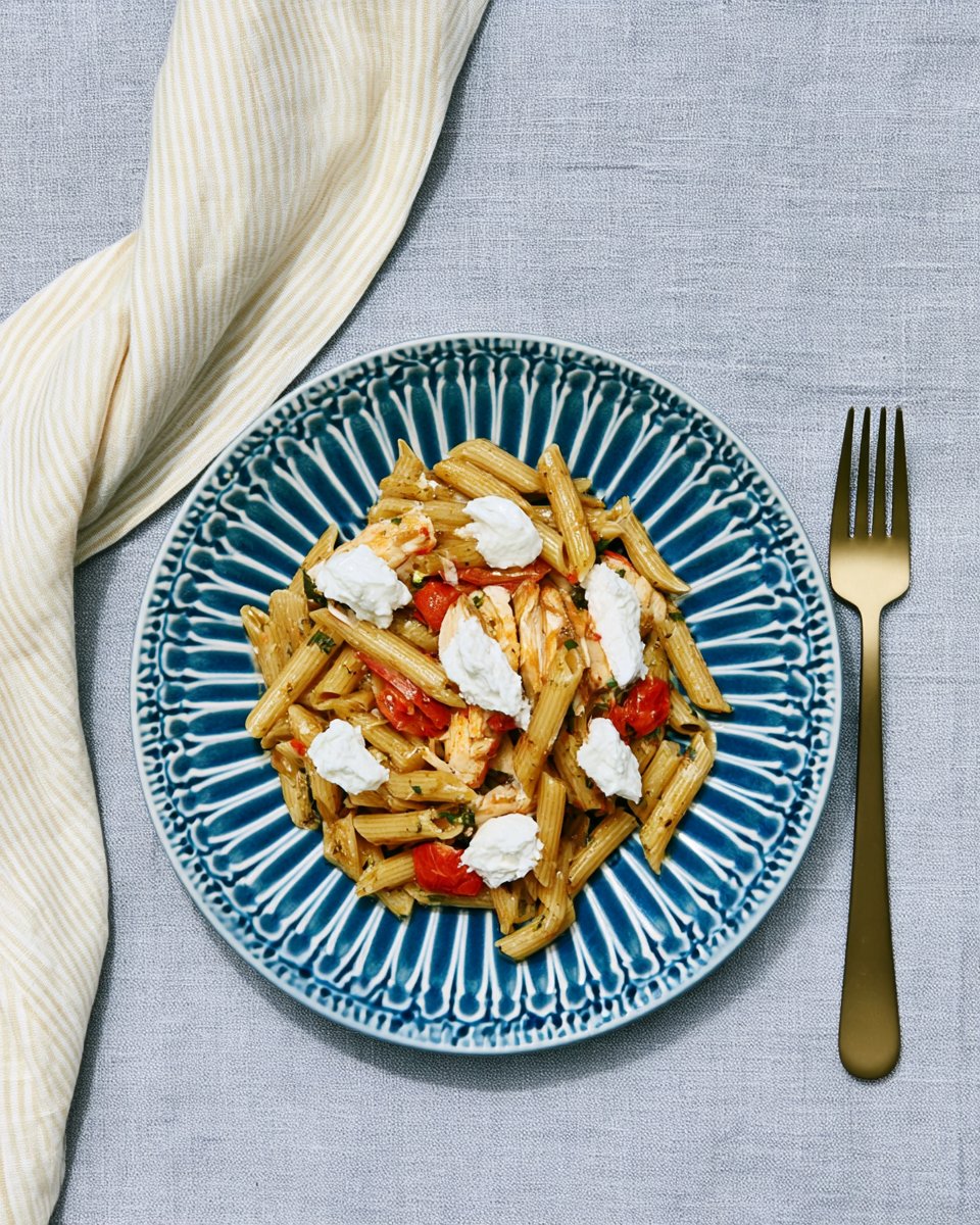Penne z zielonym pesto, kurczakiem i pomidorkami