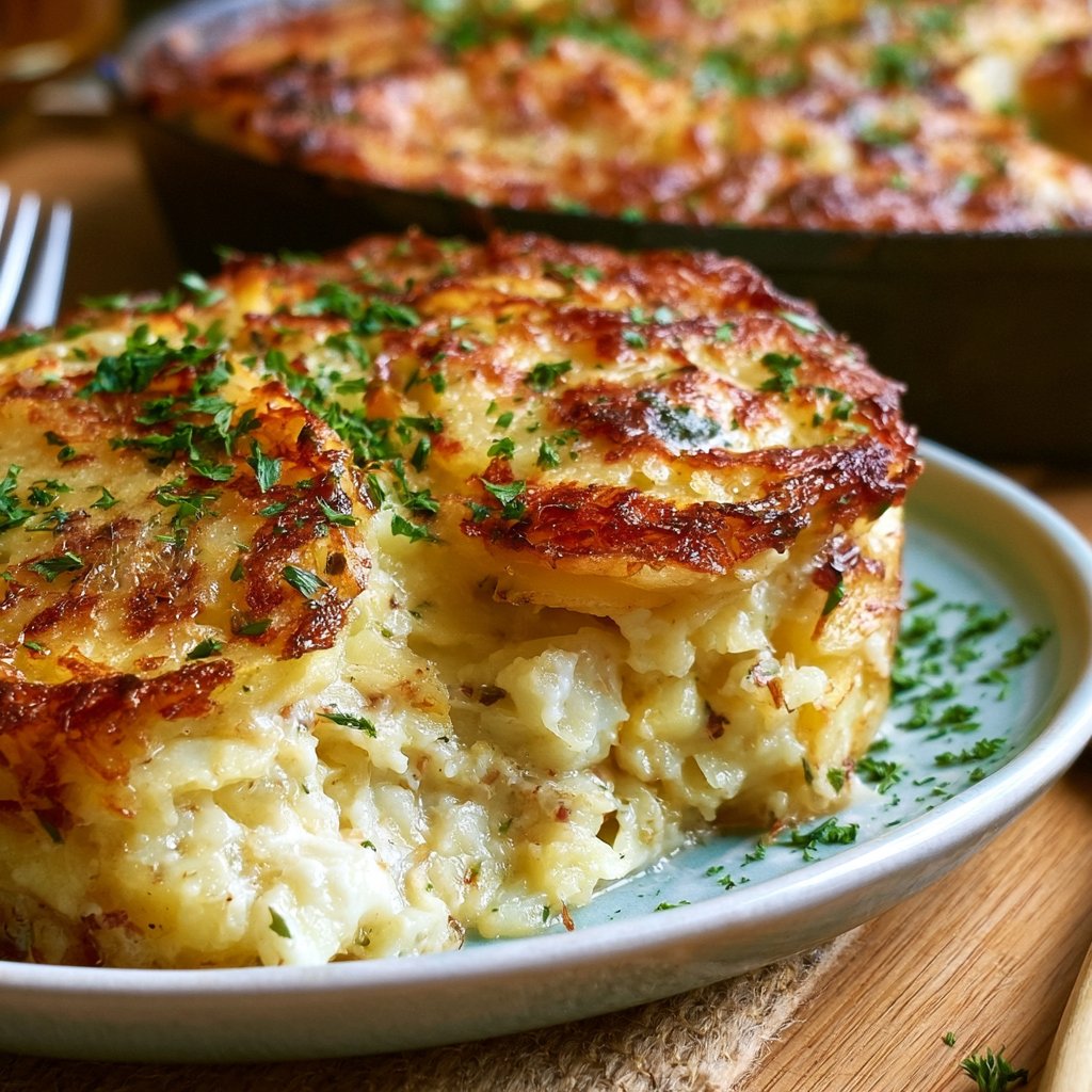 Cremiger Hüttenkäse Kartoffelrösti Auflauf