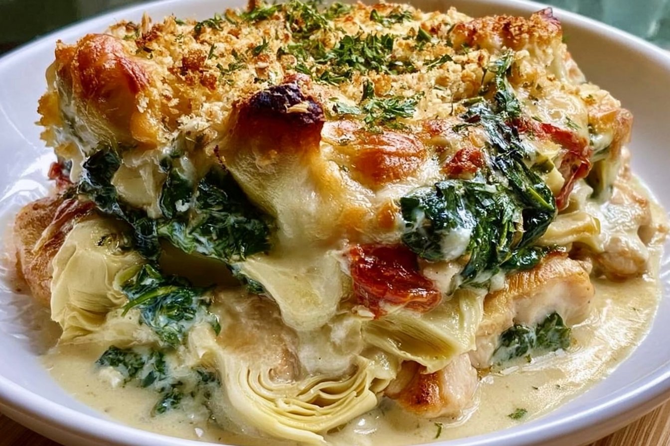 High Protein Spinach Artichoke Chicken Casserole Delight