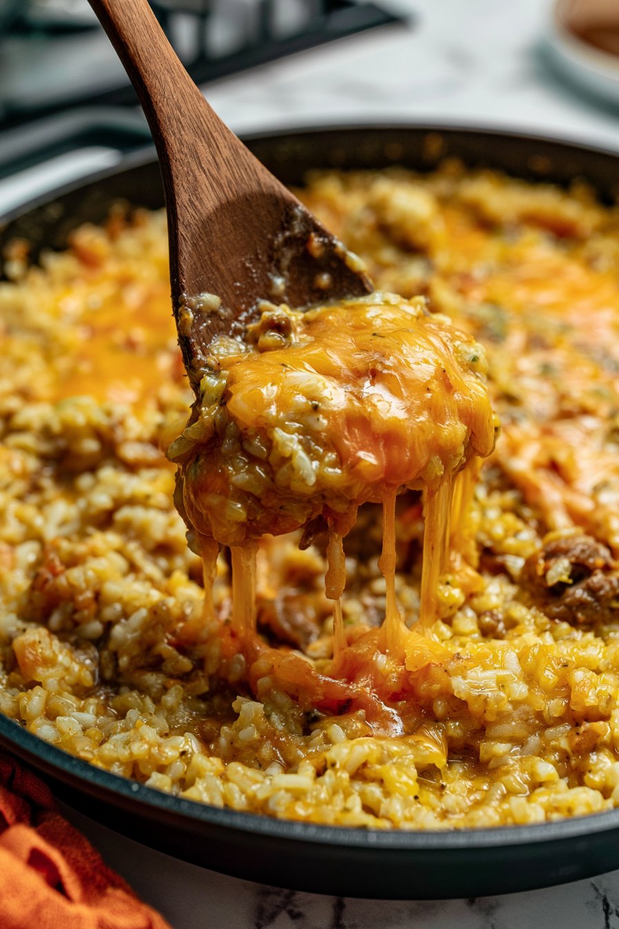 Cheesy Queso Ground Beef and Rice
