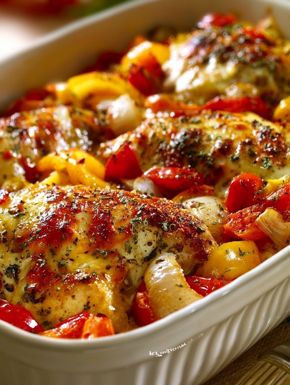 Pollo al horno con queso y pimientos asados