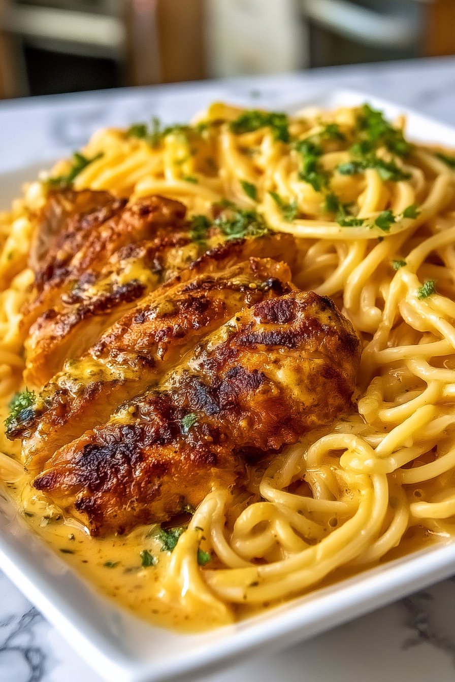 Cowboy Butter Chicken Spaghetti in Three-Cheese Cream