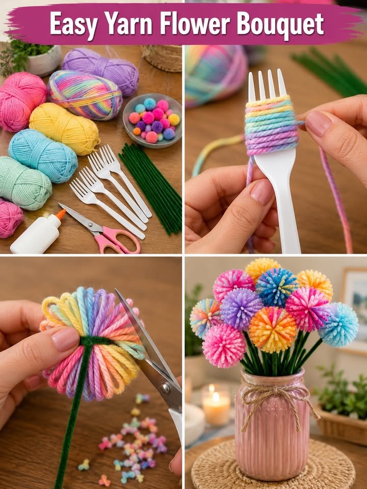 Wie man einen Gabel-Pom-Pom-Blumenstrauß zu Hause macht 🌸