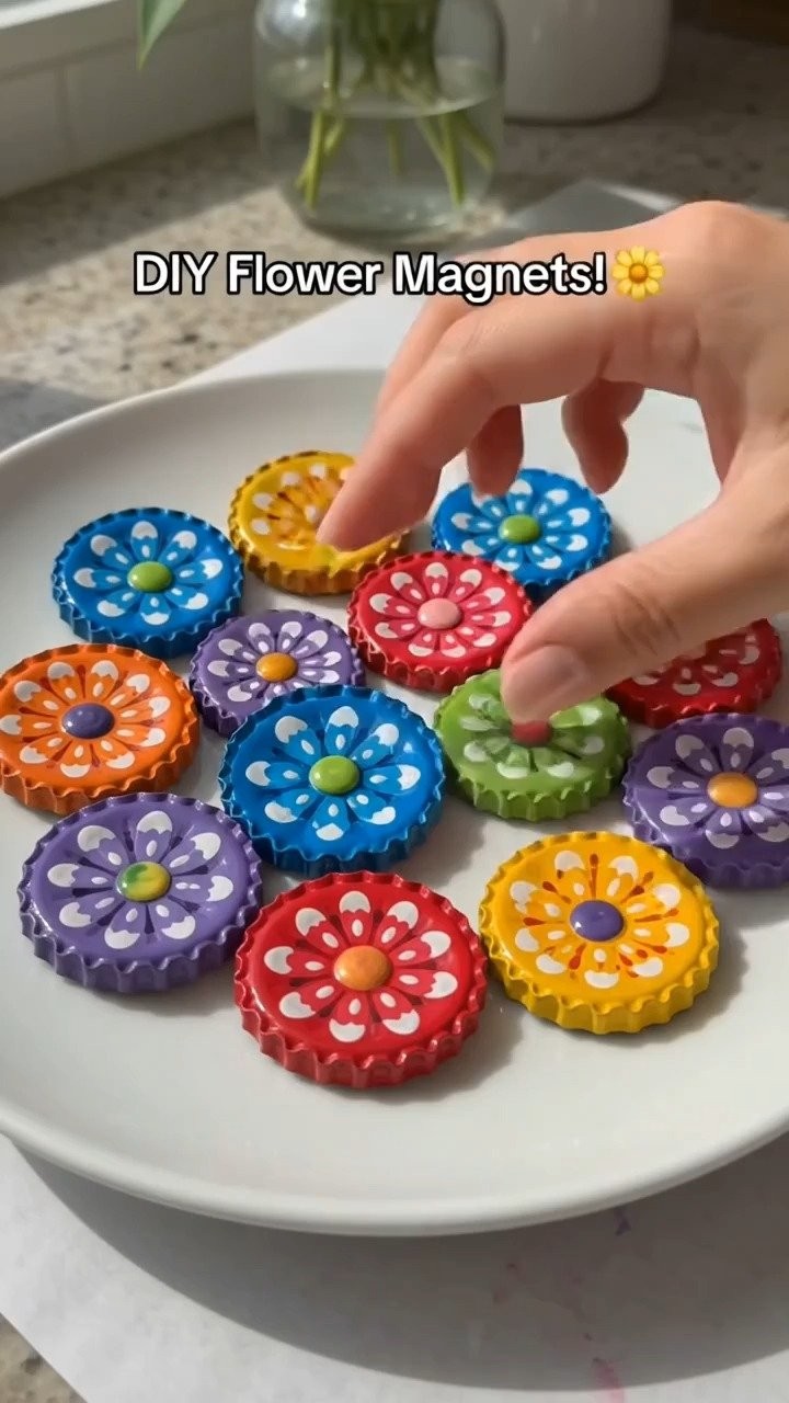Flaschenverschluss-Blumenmagnet verwandelt recycelte Flaschenverschlüsse in charmante Blumenmagneten voller buntem Charme ✨ Speichern Sie dieses Projekt!