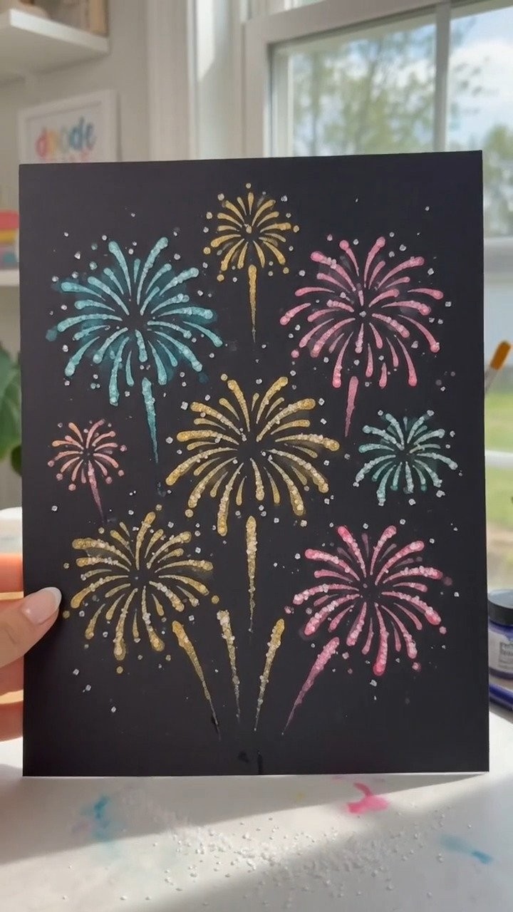 Kleber- und Salzfeuerwerkskunst schafft funkelnde, strukturierte Explosionen lebendiger Farben ✨ Eine unterhaltsame kreative Aktivität für Kinder. Speicher dieses Projekt!
