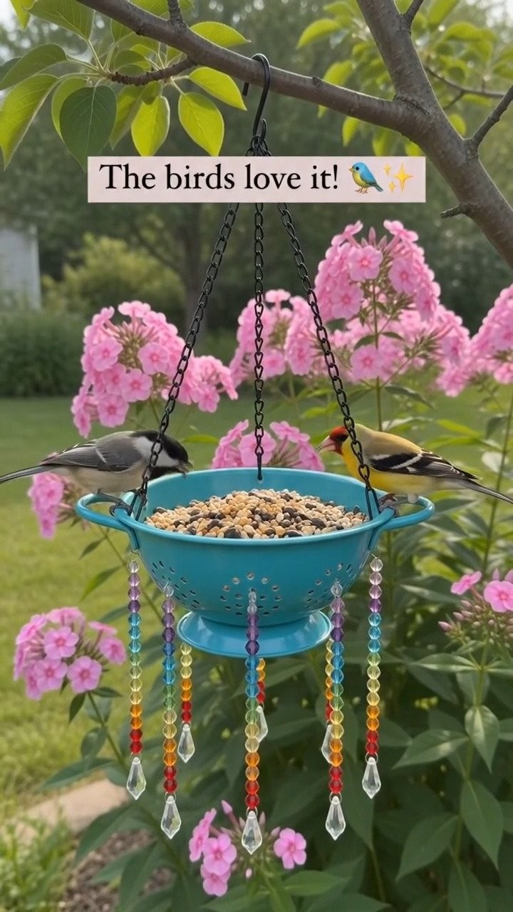 Sieb-Vogelfutterspender-Kronleuchter verwandelt ein einfaches Küchensieb in einen eleganten Vogelfutterspender für den Garten ✨ Speichern Sie dieses Projekt!
