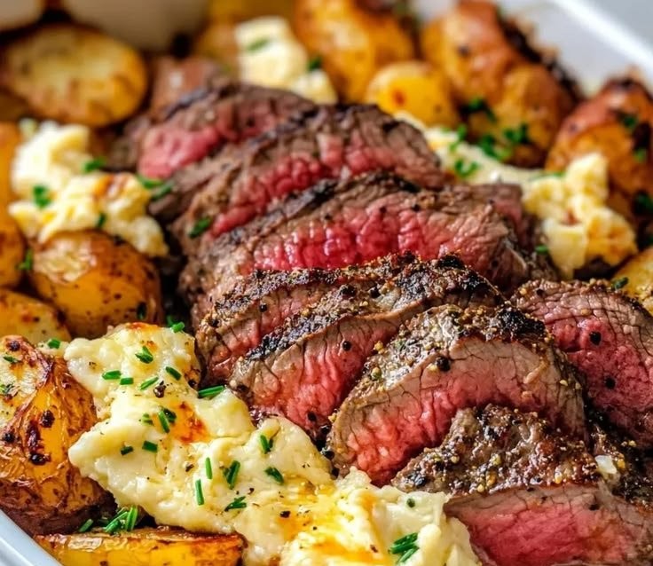 Garlic Butter Steak & Cheddar Potato Bake