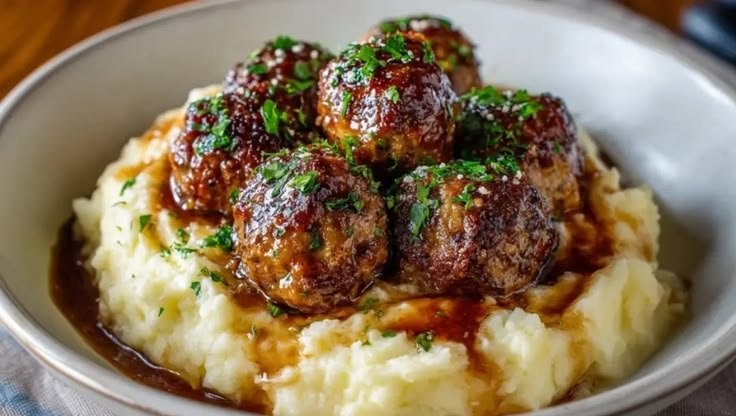 Salisbury Steak Meatballs with Garlic Herb Mashed Potatoes