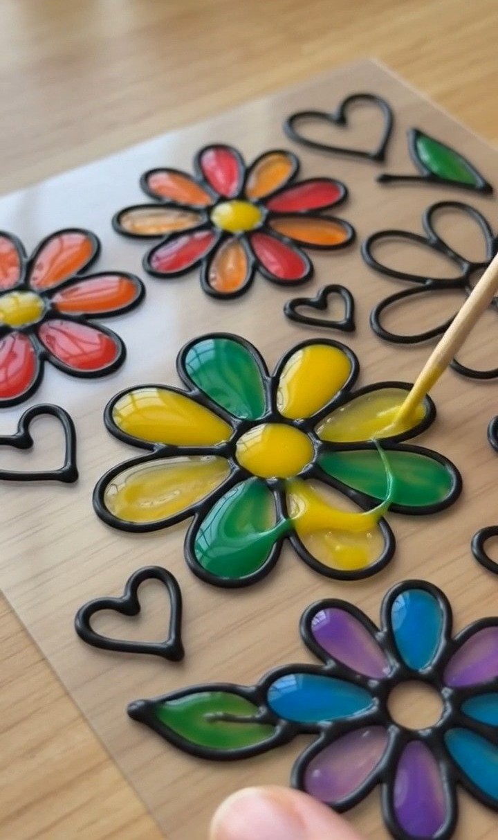 Buntglas-Kleber Fensterkunst verwandelt einfachen Kleber in lebendige, durchscheinende Kunstwerke, die im Licht wunderschön strahlen ✨ Speichere dieses Projekt! #Buntglas #KleberBastel #Kinderkunst #KreativeKinder #DIYDec...