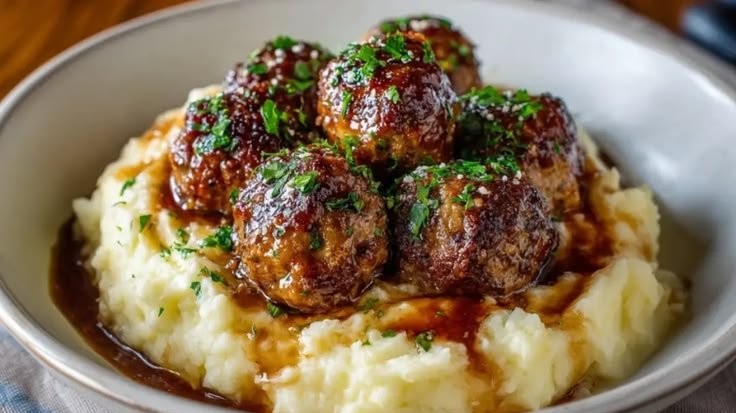 Salisbury Steak Meatballs with Garlic Herb Mashed Potatoes