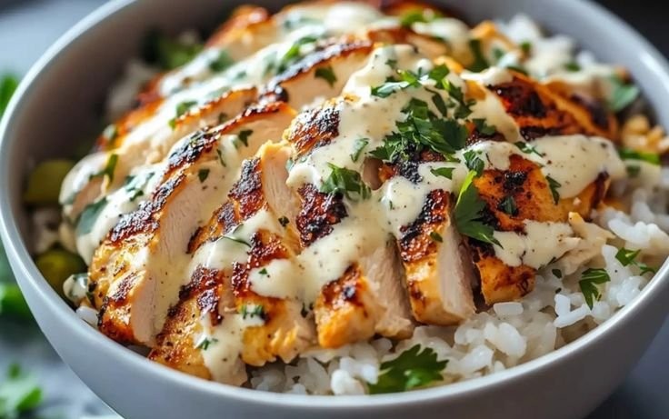 Chicken & Rice Bowls with Creamy Garlic Sauce