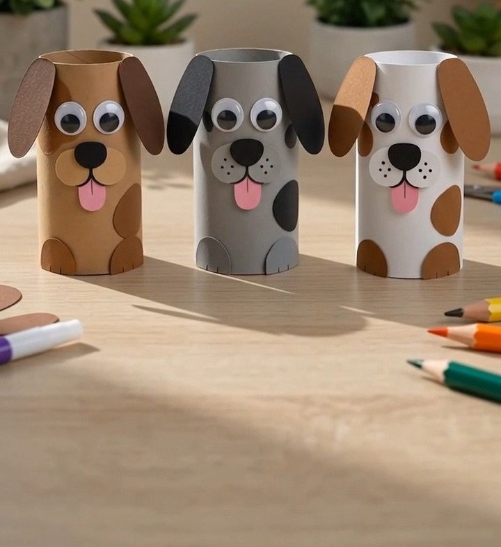Adorable toilet paper roll puppies transform recycled cardboard rolls into cute little puppy friends.