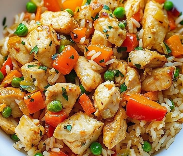 Hähnchen mit Reis und Gemüse aus der Pfanne