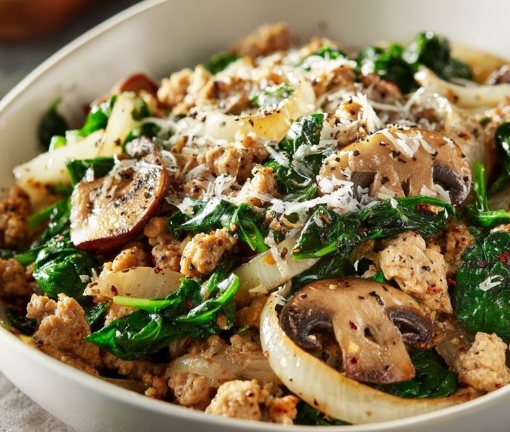 One-Pan Ground Turkey Skillet with Spinach and Mushrooms