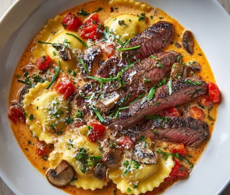 Creamy Tomato Mushroom Ravioli with Seared Steak
