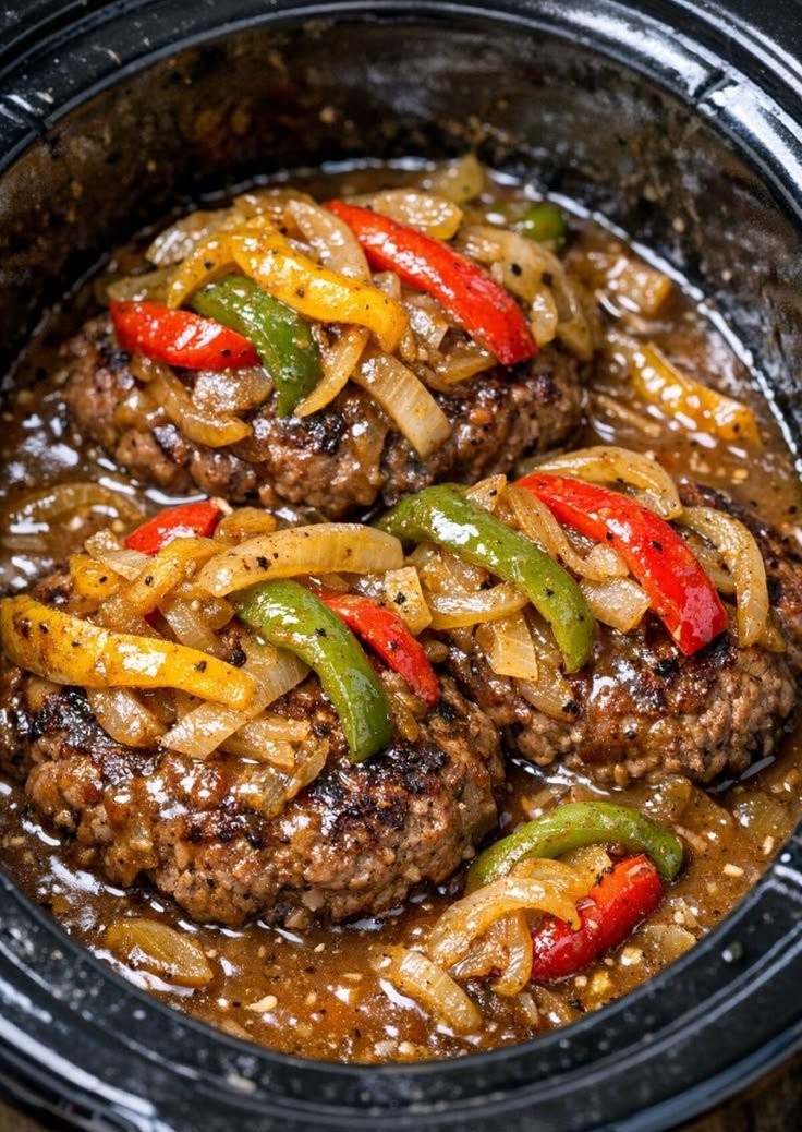 Beef Patties with Bell Peppers in the Slow Cooker