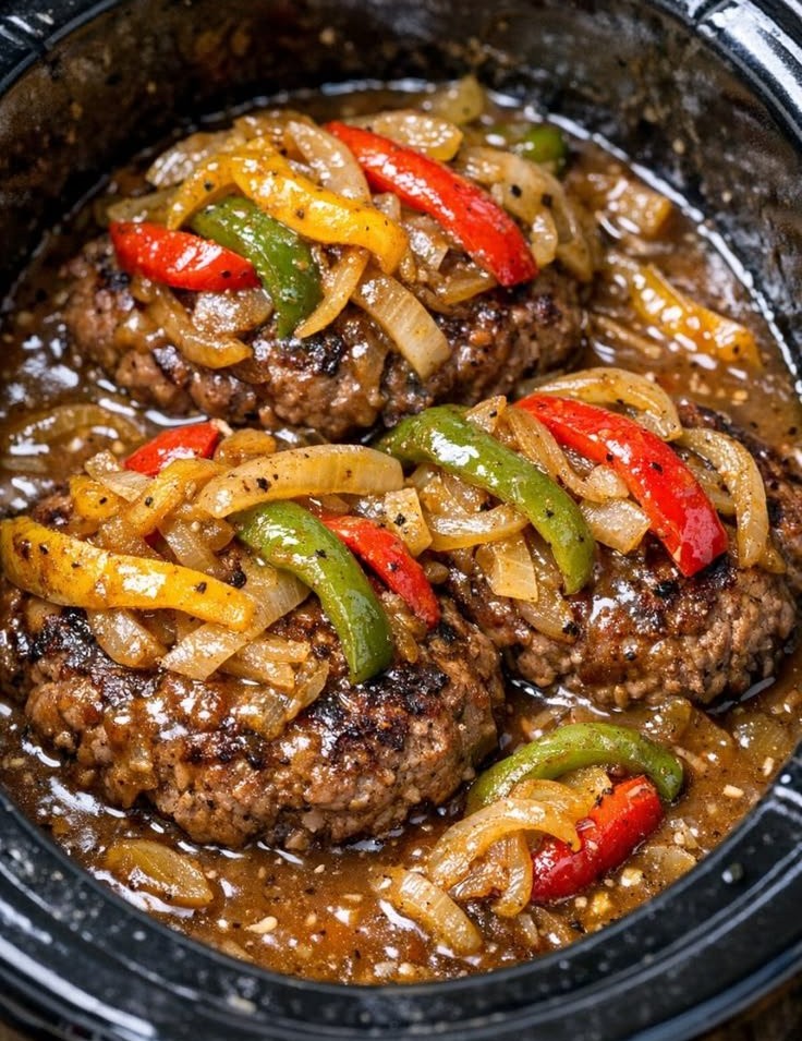 Beef Patties with Bell Peppers in the Slow Cooker