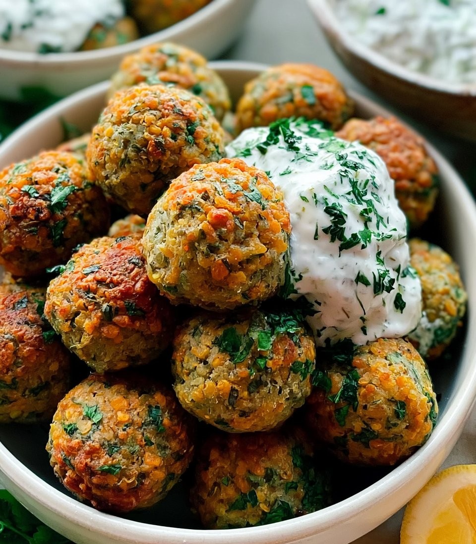 Baked Greek Lentil Meatballs with Tzatziki