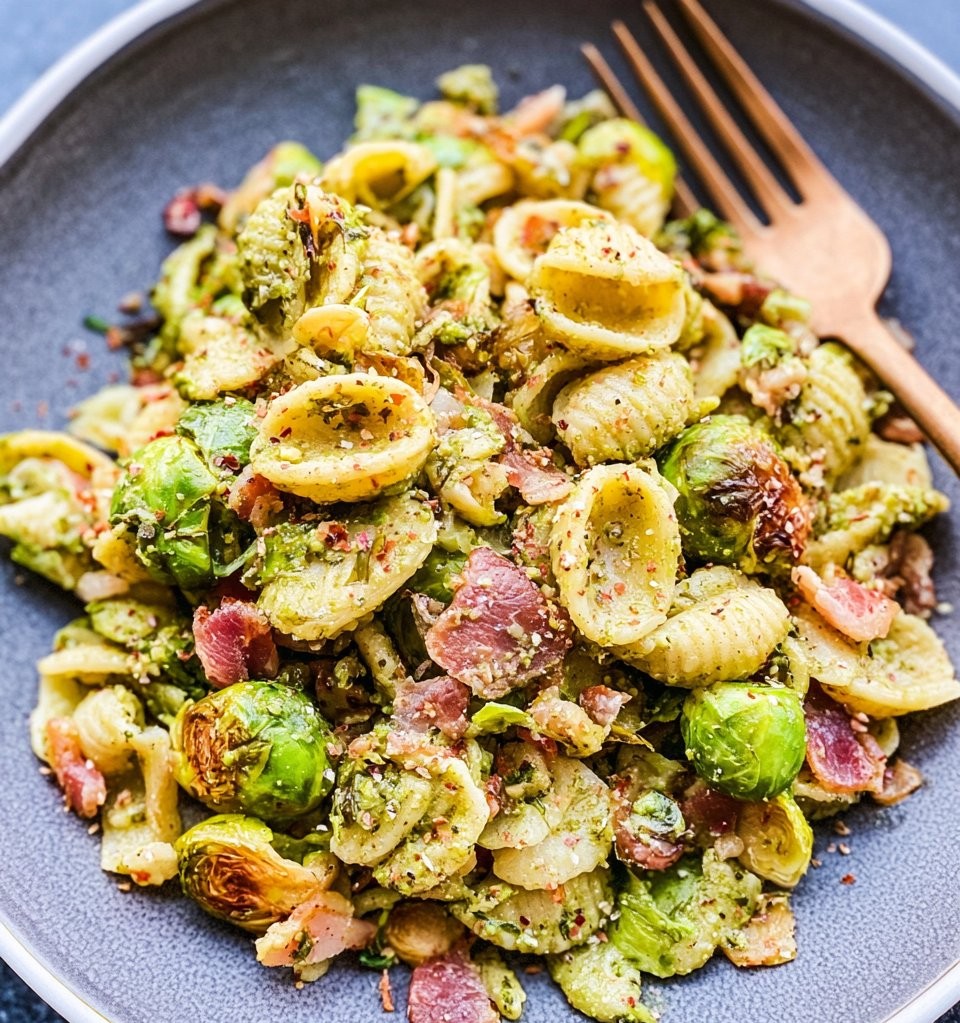 Brussels Sprouts and Bacon Pesto Pasta