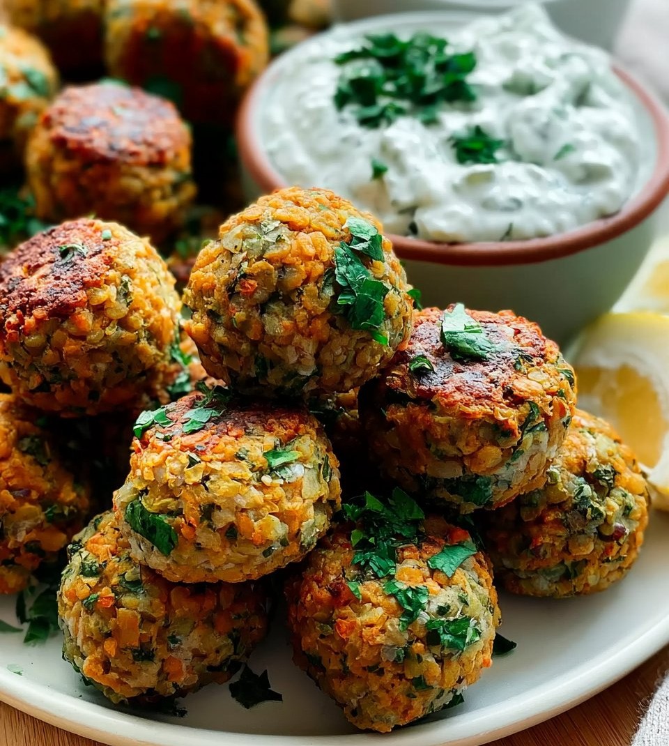 Baked Greek Lentil Meatballs with Tzatziki