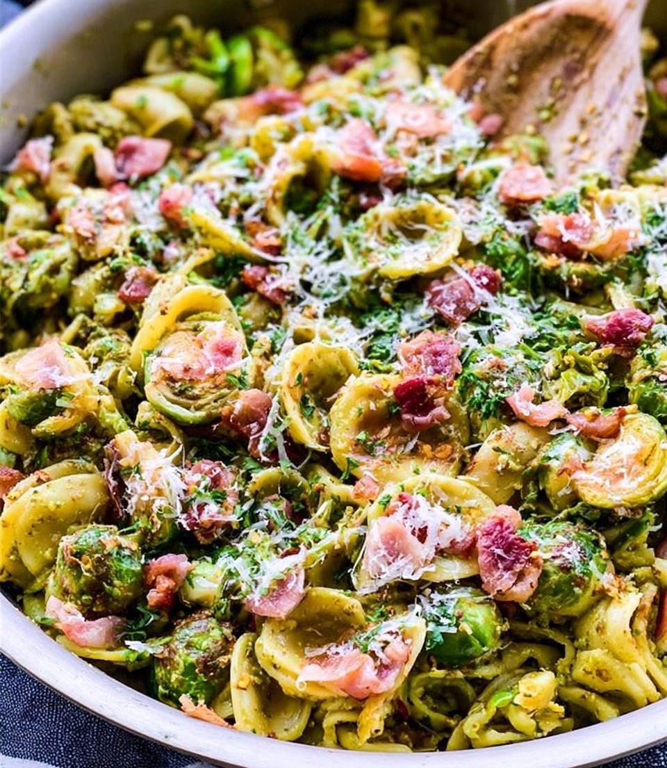Brussels Sprouts and Bacon Pesto Pasta