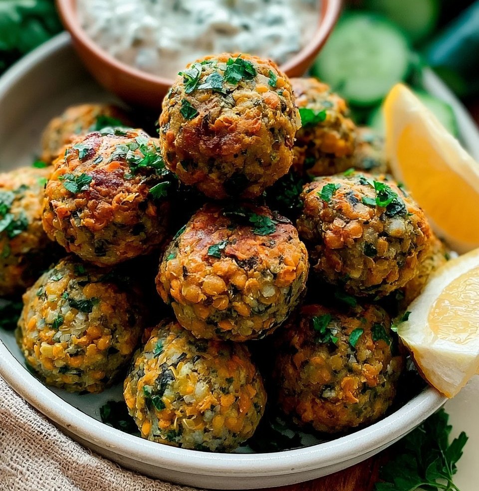 Baked Greek Lentil Meatballs with Tzatziki