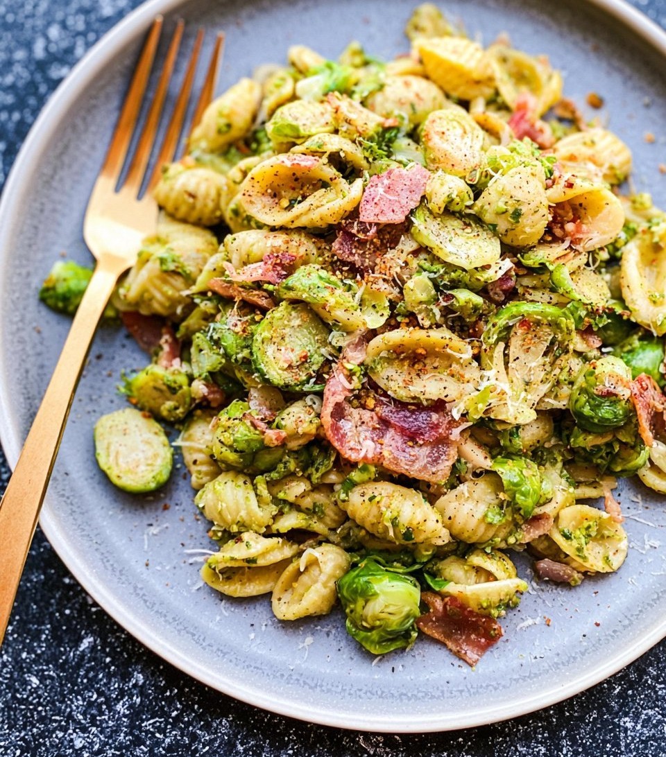 Brussels Sprouts and Bacon Pesto Pasta