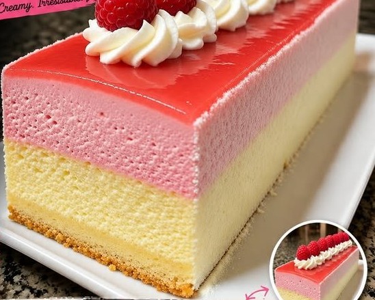 Raspberry Vanilla Mousse Cake with Fresh Raspberry Topping and Mirror Glaze (Full recipe in 💬)