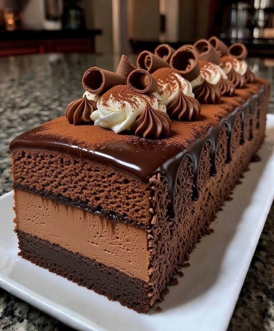 Velvet Cocoa-Tiramisu Mousse Cake Garnished with Chocolate Curls