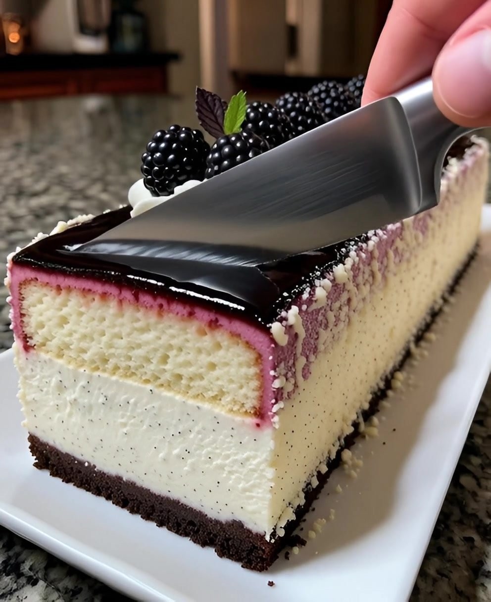 Blackberry Vanilla Bean Mousse Cake with Dark Berry Mirror Glaze