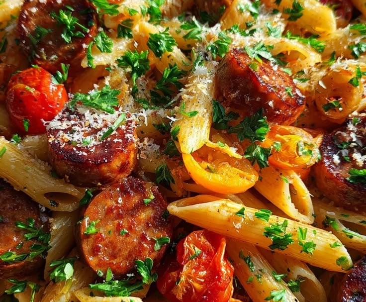 Sticky Smoky Honey Garlic BBQ Sausage Pasta Skillet