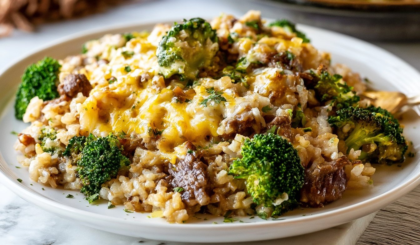 Cheesy Beef Broccoli and Rice Skillet